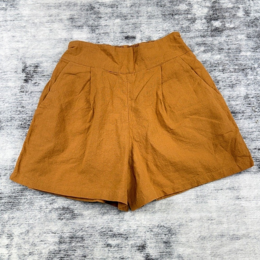 Canmart Womens High Waisted Pleated Shorts Tobacco Brown Elastic Back One Size F